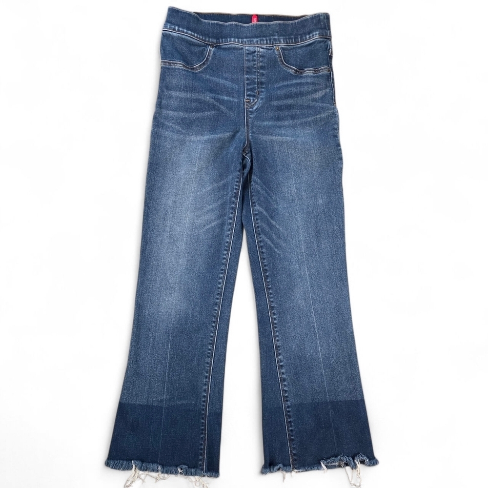 Spanx 20231R Crop Flare Jeans S Pull-On Stretch Denim Raw Hem Two-Tone High Rise